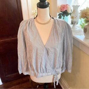 Striped Wrap-Front V-Neck Top in Blue and White